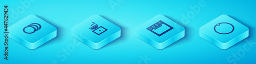 Set Isometric Plate, Manual coffee grinder, Cutting board and Oven icon. Vector