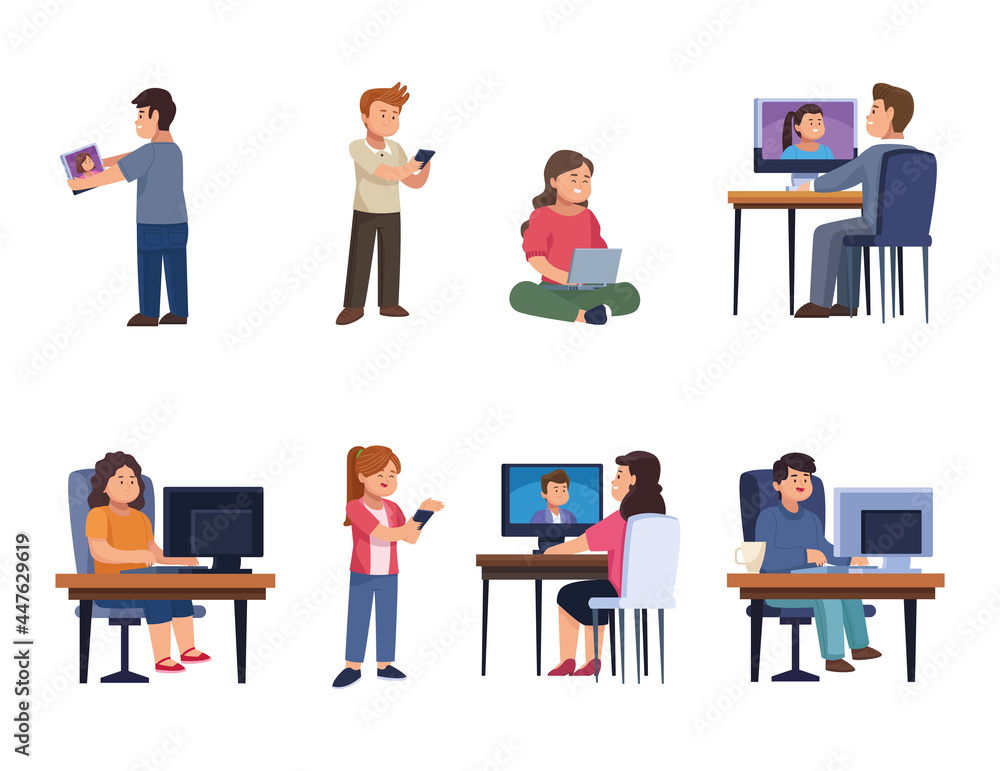 People with device in video chat icon collection People with device in video chat icon collection