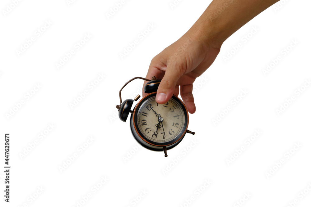 Old retro alarm clock in your hand white background of isolate.Eight clock morning. Old retro alarm clock in your hand white background of isolate.Eight clock morning.