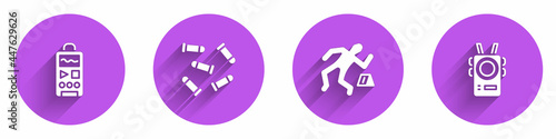 Set Dictaphone, Bullet, Crime scene and Police body camera icon with long shadow. Vector