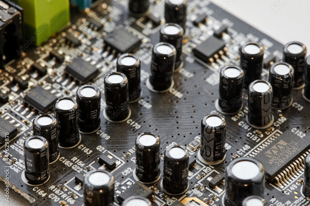 A part of Internal analog sound card. Computer equipment. Close-up, selective focus A part of Internal analog sound card. Computer equipment. Close-up, selective focus