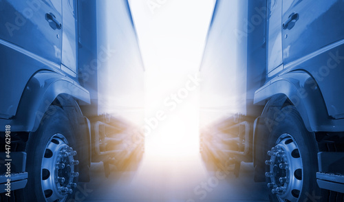 Cargo Trucks The Parking lot at The Sunset. Delivery Container Trucks. Cargo Shipping. Lorry. Industry Freight Truck Logistics Cargo Transport Concept.	