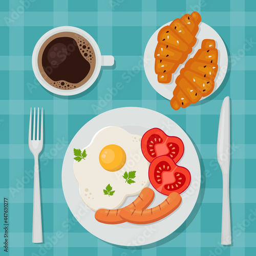 Delicious breakfast: fried eggs, coffee and croissants. View from above. Vector illustration in flat cartoon style.