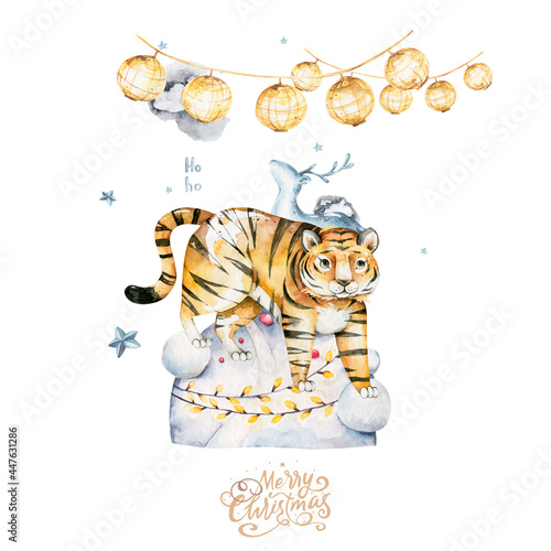 Watercolor Tiger. Symbol of the New year 2022. Watercolor Cute cartoon animal. Christmas party decoration. chinese calendar, invitation card.