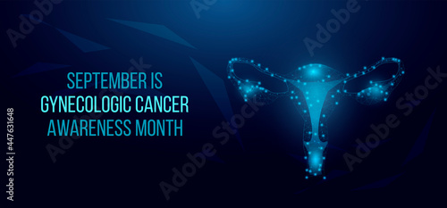 Gynecologic Cancer Awareness Month concept. Banner template with glowing low poly uterus. Futuristic modern abstract. Isolated on dark background. Vector illustration.