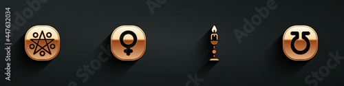 Set Pentagram in a circle, Venus, Burning candle and Life icon with long shadow. Vector