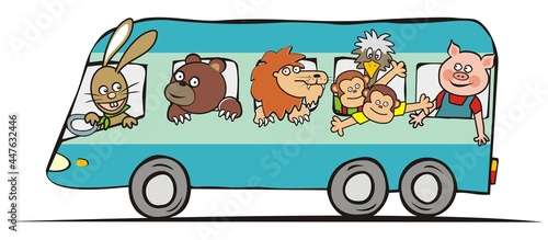 Group of happy animals at blue bus, vector funny illustration. Hare, bear, lion, monkeys, ostrich and pig go by bus for a trip. 
