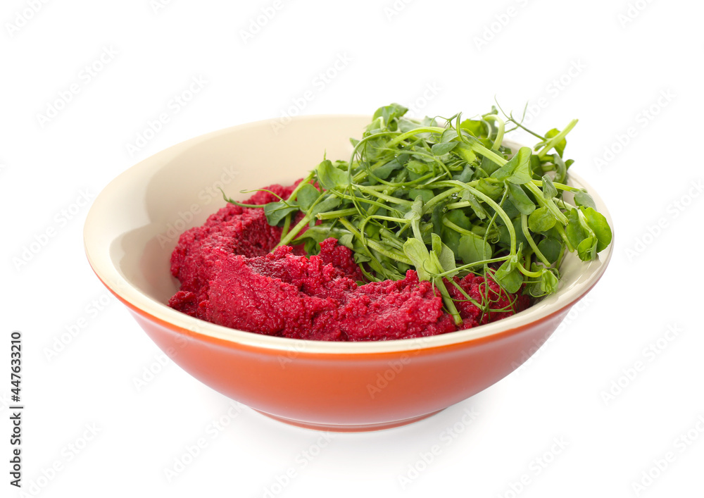 Bowl with tasty beet hummus and fresh sprouts on white background Bowl with tasty beet hummus and fresh sprouts on white background