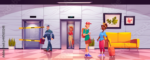 Tourists in hotel hallway with broken lift, lobby
