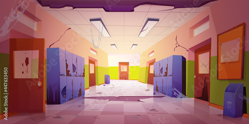 Old dirty school hallway with broken lockers