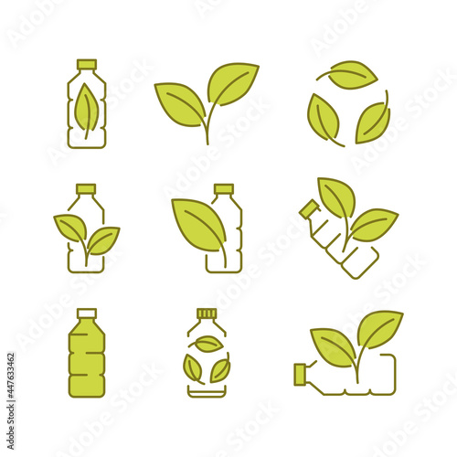 Recycle plastic bottle. Biodegradable icons. Icons of plastic bottle with green leaves. Eco friendly compostable material production. Zero waste, nature protection concept