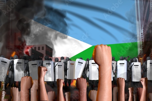 mutiny stopping concept - protest in Djibouti on flag background, police swat stand against the angry crowd -  military 3D Illustration