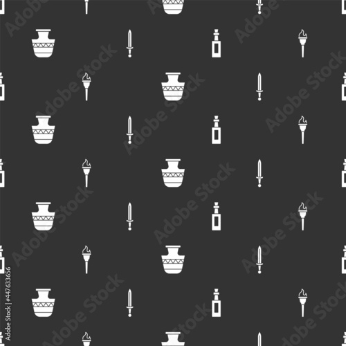 Set Bottle of olive oil, Torch flame, Ancient amphorae and Medieval sword on seamless pattern. Vector