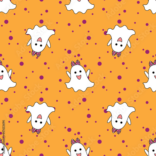 Fototapeta Naklejka Na Ścianę i Meble -  Cute ghosts seamless vector pattern on orange background