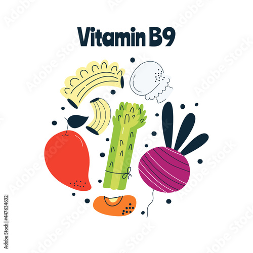 The main food sources of vitamin B9. Healthy food concept.