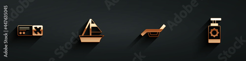 Set Airline ticket, Yacht sailboat, Sunbed and umbrella and Sunscreen spray bottle icon with long shadow. Vector