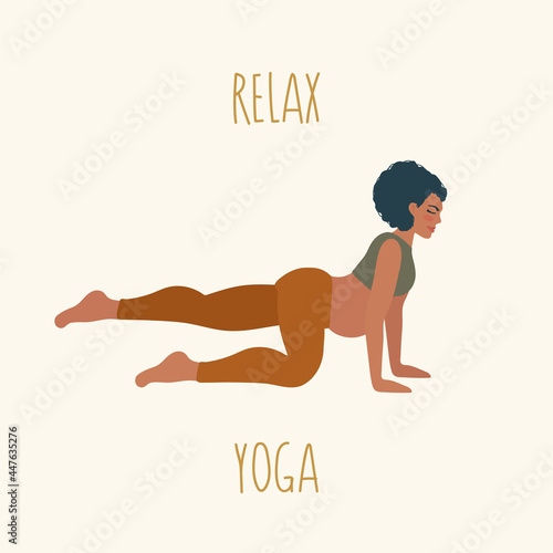 Illustration of a pregnant woman-yoga. People and inscriptions about Yoga and relaxation. For the poster Girl sports activities. Vector illustration