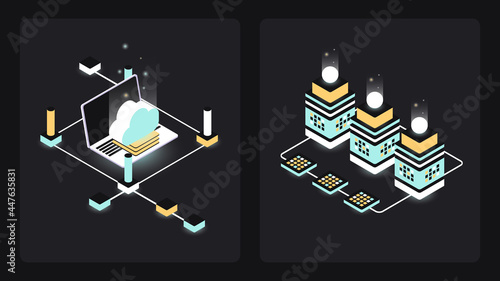 Set of two Isometric Blockchain Illustrations. Digital Money, FinTech Collage. Vector illustration