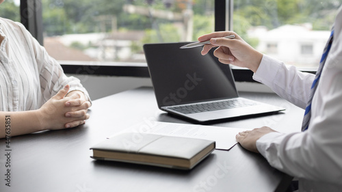 Job interview, Employer or recruiter is interviewing and taking the applicant's work history, Specialized Functional Ability Test, Business conversation, Manager resource employment and recruitment...