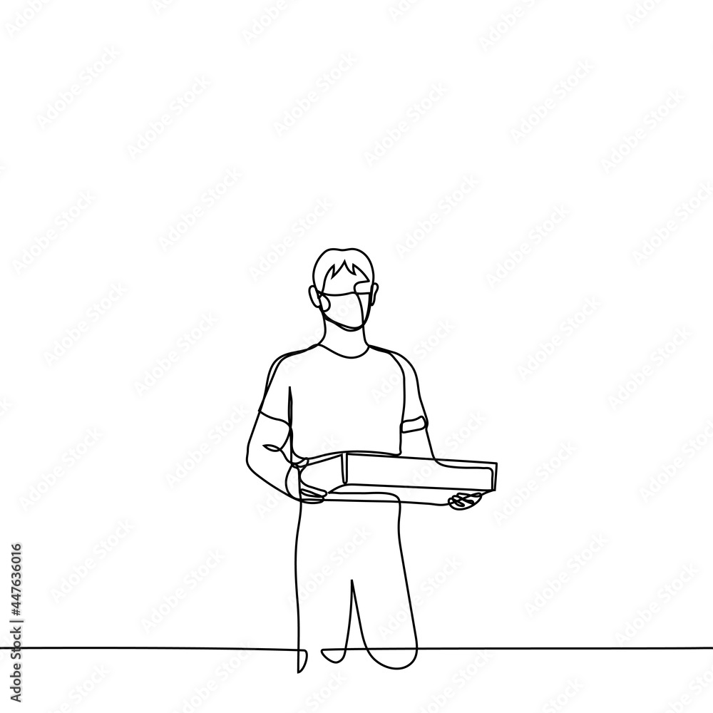 man in mask stands with a square flat box - one line drawing. concept of a masked delivery man delivered a pizza man in mask stands with a square flat box - one line drawing. concept of a masked delivery man delivered a pizza