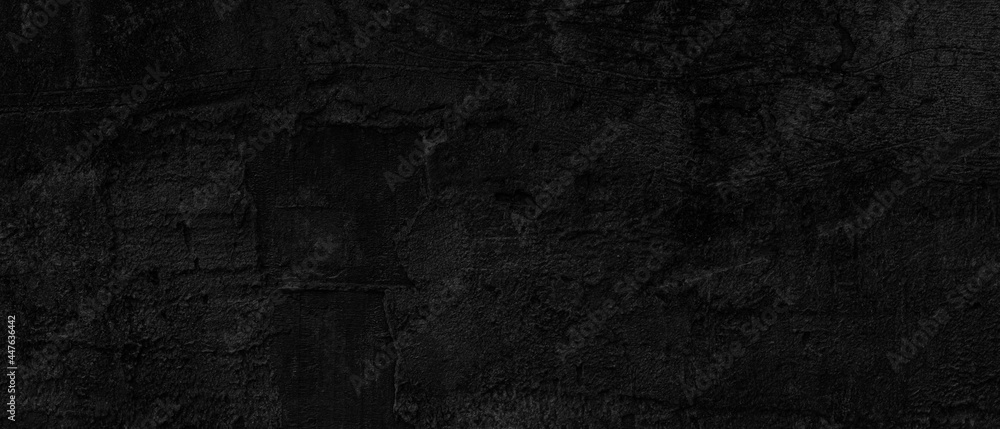 Panorama of Old cement wall painted black, peeling paint texture and background