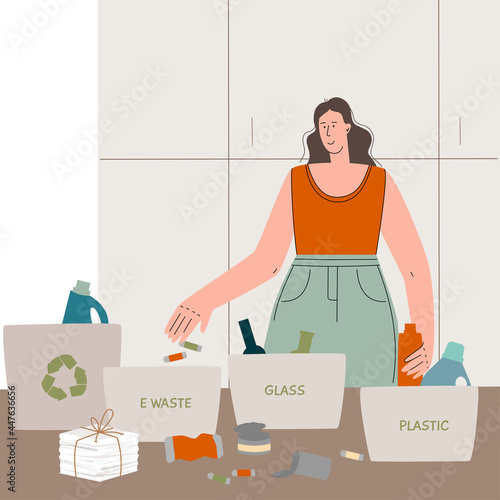 Young woman sorts garbage at home for recycling, separates plastic, glass electronics. puts garbage in separate dumpsters, waste management, green sustainable development. Vector illustration
