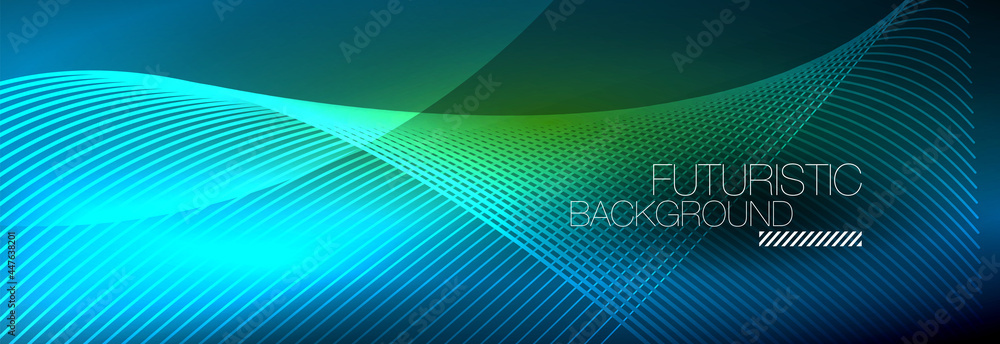 Abstract neon glowing light in the dark with waves. Shiny magic energy and motion concept, vector abstract wallpaper background Abstract neon glowing light in the dark with waves. Shiny magic energy and motion concept, vector abstract wallpaper background