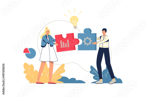 Business solution web concept. Employees brainstorming, working together on task, creation ideas, innovate project. Teamwork minimal people scene. Vector illustration in flat design for website