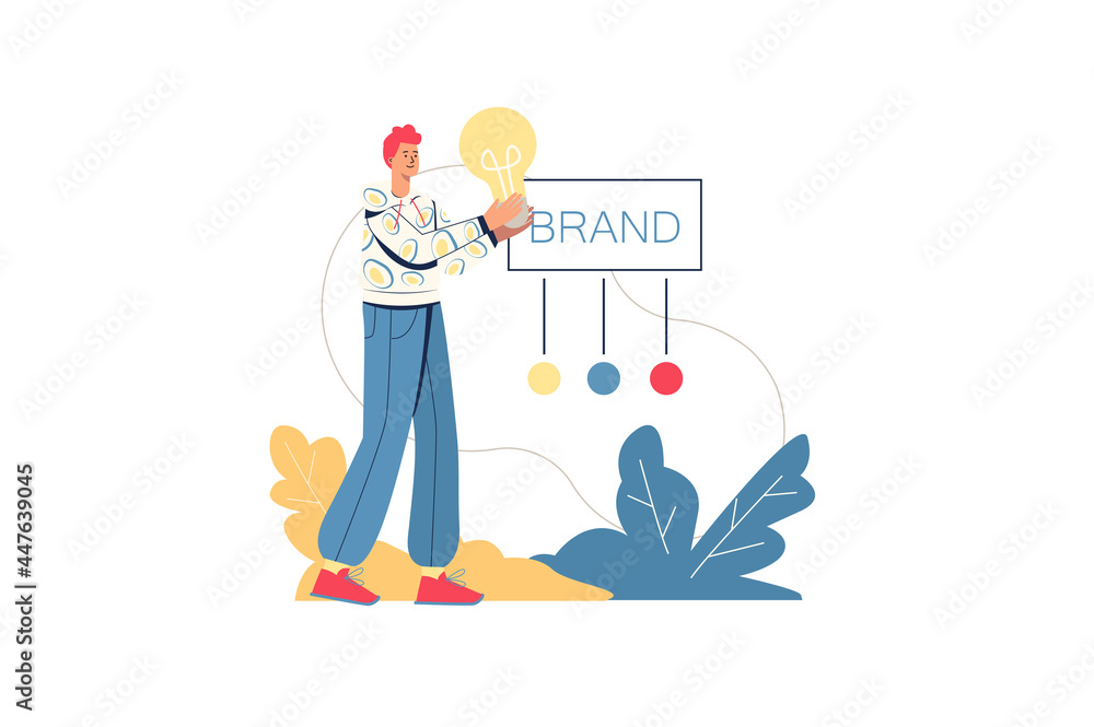 Branding web concept. Male designer develops brand identity, creates positive business image, promotes startup to customers, minimal people scene. Vector illustration in flat design for website Branding web concept. Male designer develops brand identity, creates positive business image, promotes startup to customers, minimal people scene. Vector illustration in flat design for website