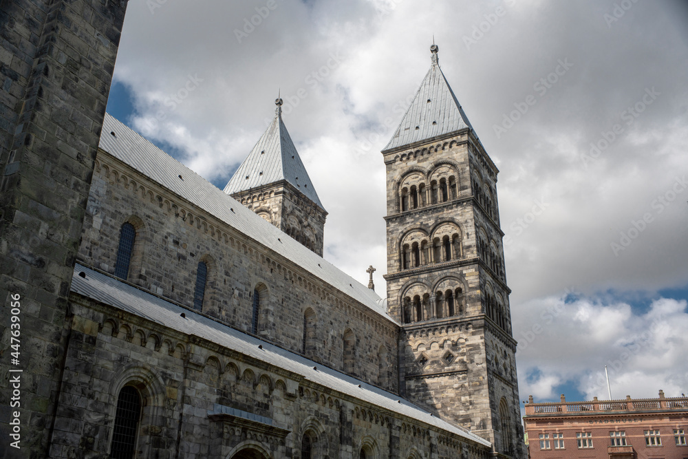 Fototapeta premium Lund Cathedral and bell tower building in central Lund on a summer day, Sweden, south of Lund Cathedral in Skane.