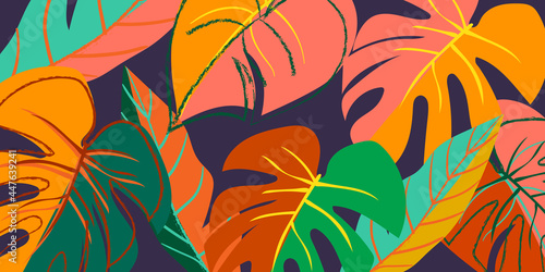 Tropical leaves background vector. colorful summer pattern design with topical foliage, arts brush and pink color. Modern wallpaper design for prints, poster, cover, cards and  homewares.