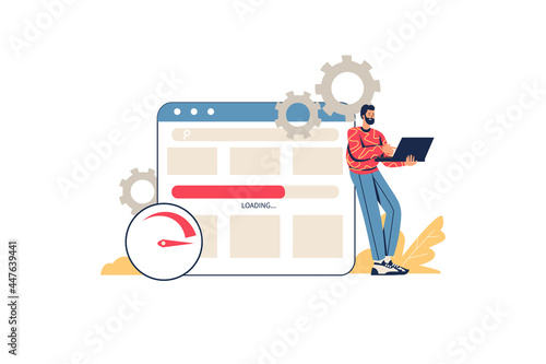 Optimize website web concept. Man designer setting up and testing site. Programmer writes code and manages page in browser, minimal people scene. Vector illustration in flat design for website