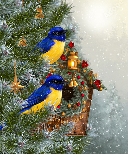Christmas, New Year's winter festive background, two birds of a tit sitting on a branch of a fir, pine, decorated birdhouse, feeder, garland, toys, burning lantern, illumination, 3D rendering