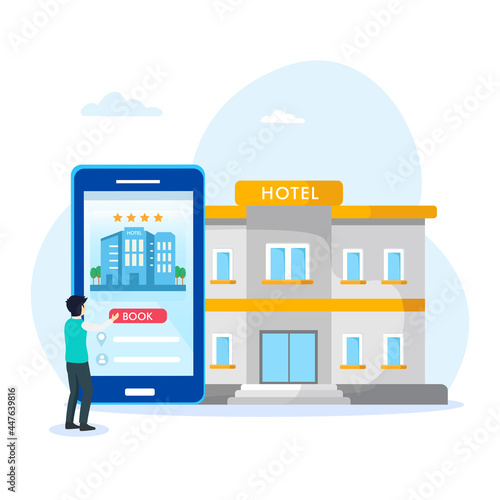 Online hotel booking. Easy travelling with online booking apps. Flat vector template Style Suitable for Web Landing Page.