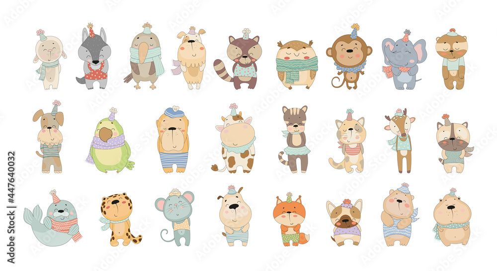 Vector collection of cute cartoon animals. Characters for children's books, cards, stickers, prints. Illustrations for kids.