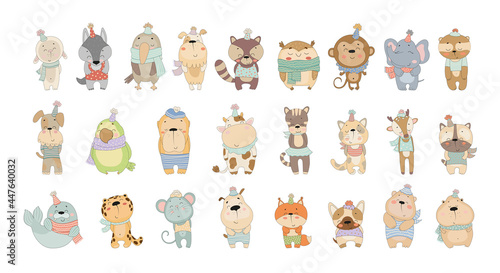 Vector collection of cute cartoon animals. Characters for children's books, cards, stickers, prints. Illustrations for kids.