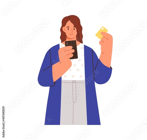 Person paying for smth. using bank card and mobile phone. Online cashless payment concept. Woman shopping through internet with smartphone. Flat vector illustration isolated on white background