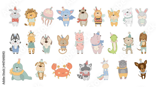Fototapeta Naklejka Na Ścianę i Meble -  Vector collection of cute cartoon animals. Characters for children's books, cards, stickers, prints. Illustrations for kids.