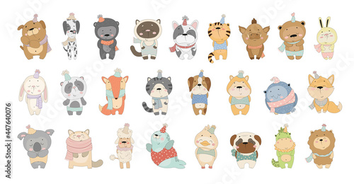 Vector collection of cute cartoon animals. Characters for children's books, cards, stickers, prints. Illustrations for kids.