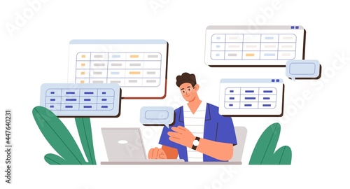 Man working with big data and databases, using laptop and excel tables. Office worker making analysis and report with spreadsheets on computer. Flat vector illustration isolated on white background photo