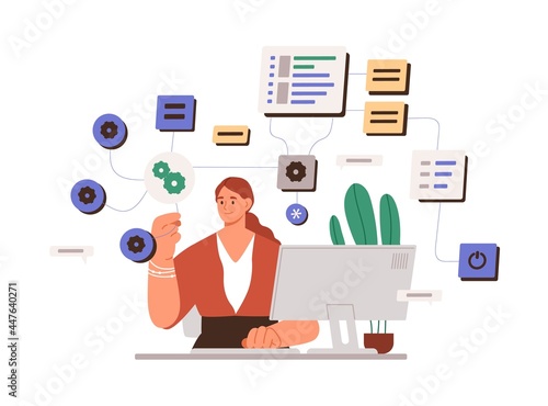 Canvas Print Woman working with big data and tech information on laptop