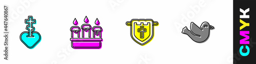 Set Religious cross in heart, Burning candle candlestick, Flag with christian and Dove icon. Vector
