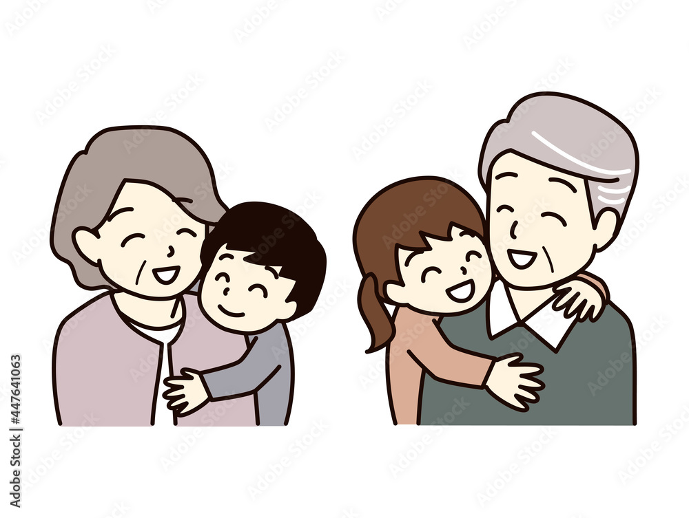 孫に抱きつかれる老夫婦 孫に抱きつかれる老夫婦