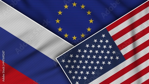 European Union United States of America Russia Flags Together Fabric Texture Effect Illustration