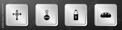 Set Christian cross, , Holy water bottle and Bread loaf icon. Silver square button. Vector