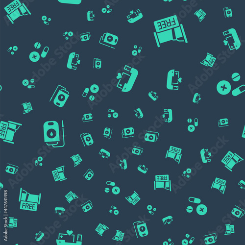 Set Humanitarian ship, Free overnight stay house, Blood donation and Medicine pill or tablet on seamless pattern. Vector