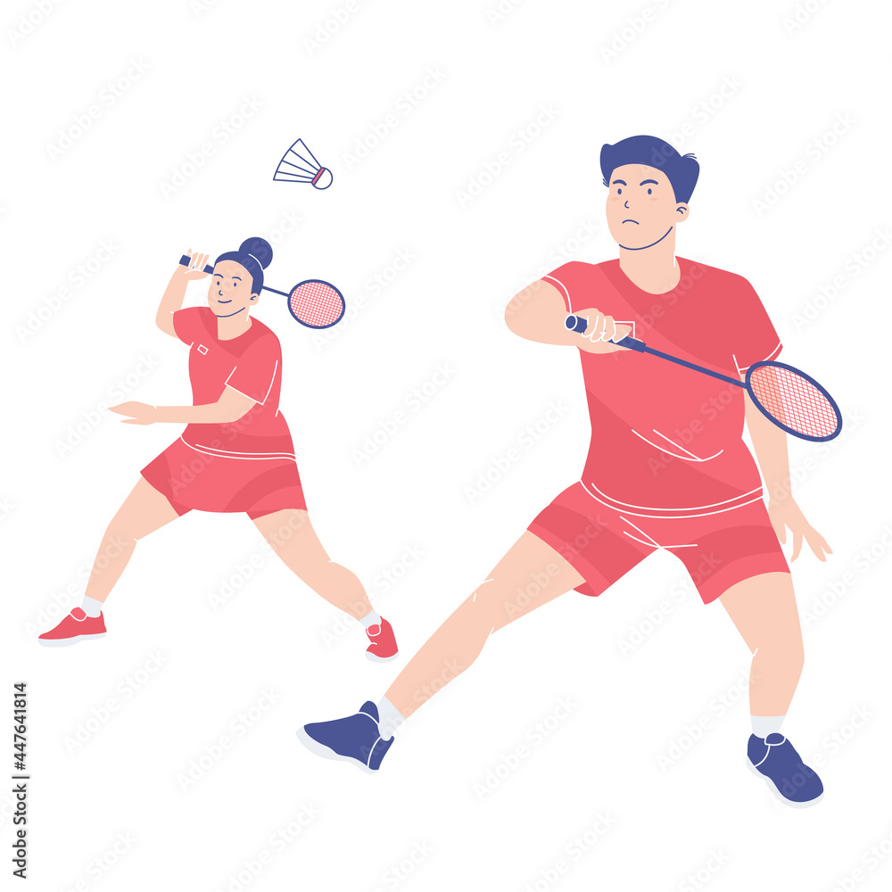 Double team badminton players defend. Athletes in uniform playing badminton. Professional badminton player during sports match. Colored flat vector illustration of isolated Double team badminton players defend. Athletes in uniform playing badminton. Professional badminton player during sports match. Colored flat vector illustration of isolated