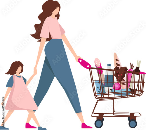 Fatherhood and child care a mother and daughter are shopping with a basket from the supermarket. With a cart full of groceries. Mom and daughter are buying food. Symbols on a white background.