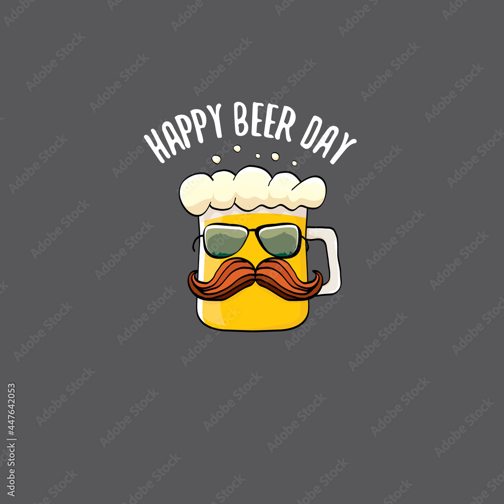 International beer day vector concept illustration or summer poster with vector funky beer character. Cartoon funny International beer day label