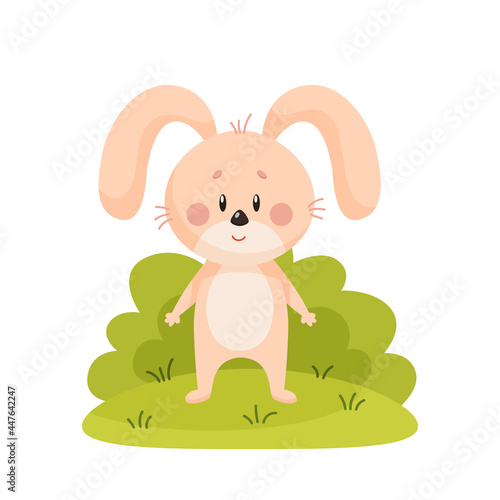 Cute cartoon rabbit. Beige rabbit standing on grass with white background.